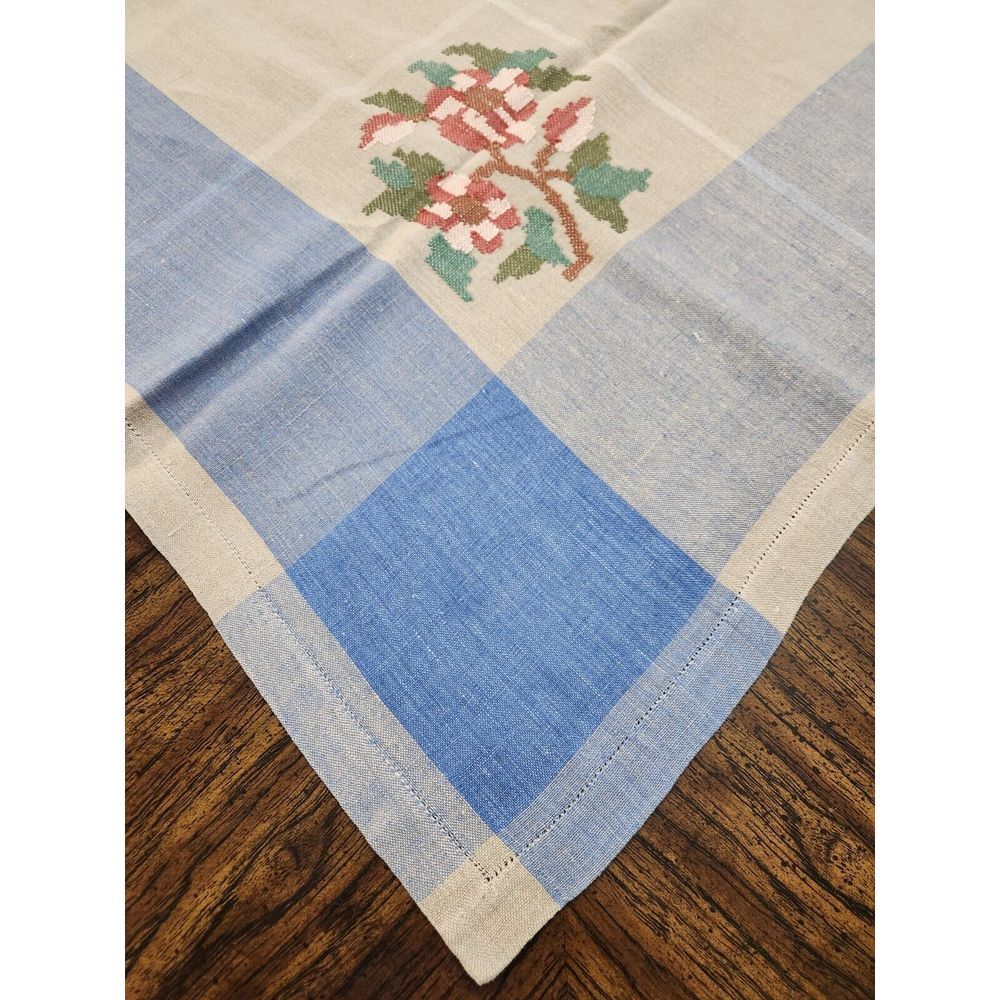 Vintage Linen Tablecloth 52x54 Machine Embroidered Floral Design